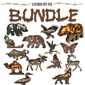 14x MEGA Bundle Animali selvatici Multistrato 3D Legno Inciso File Laser Cut, Decorazione Ornamento Glowforge Make, Svg Dxf Eps Jpg Pdf Png File
