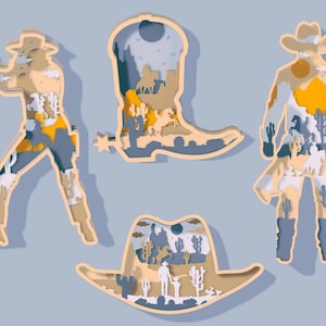 Western Cowboy Bundle 3D Multilayer Holz graviert Laser Cut Datei, Dekoration Ornament Glowforge SVG Dxf Eps Jpg Pdf Png Xtool Datei