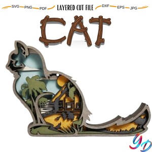 Peut inclure: Une découpe en bois superposée d'un chat assis avec une scène de plage à l'intérieur. Le chat est brun et la scène de plage est bleue, verte et jaune. Le mot "CAT" est écrit au-dessus du chat en lettres de bois brun.