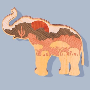 Elefante 3D multicapa de madera grabado con láser, archivo SVG, figuras decorativas, adornos Glowforge, bricolaje, modelo fácil de hacer, SVG, DXF, EPS, PDF