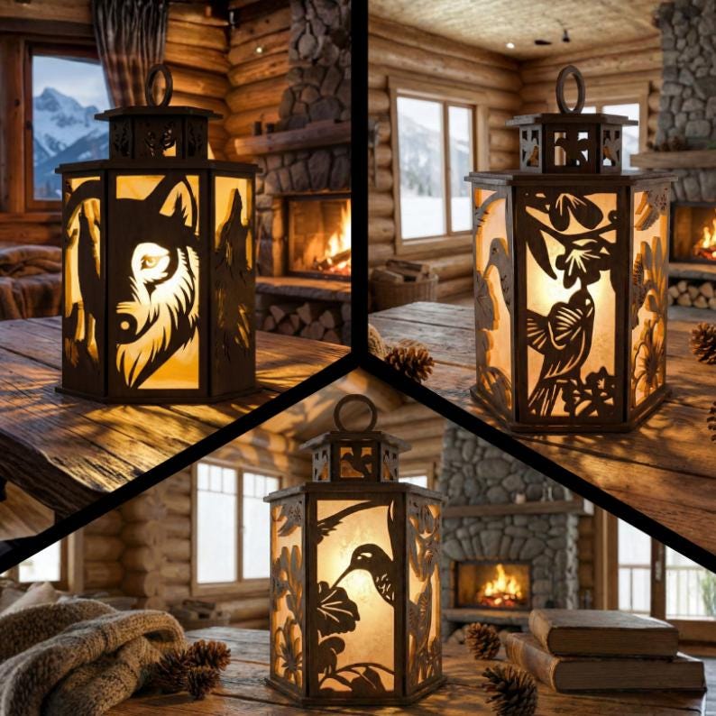 May include: Decorative metal lanterns with cut-out designs. One lantern features a wolf, another a bird, and the third a hummingbird. Each lantern has a handle and is illuminated from within, creating a warm glow. The lanterns are placed on a wooden table.