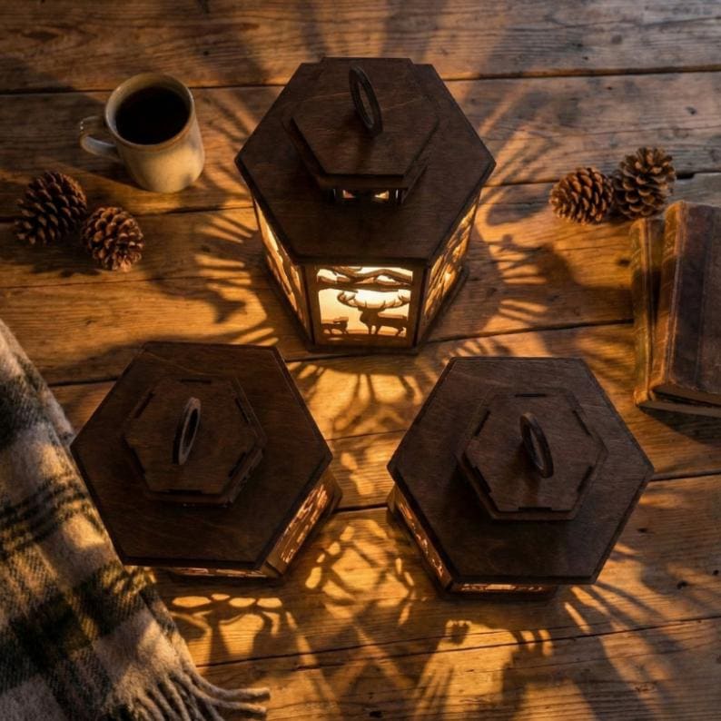 May include: Three dark wooden lanterns with a hexagonal design, each featuring a deer silhouette scene illuminated from within. The lanterns are arranged on a wooden surface with a cup of coffee, pinecones, and a blanket.