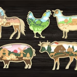 5x Bundle 3D Animali Fattoria Multistrato Legno Inciso Laser Cut File, Decorazione Ornamento Glowforge Make, Svg Dxf Eps Jpg Pdf Png File