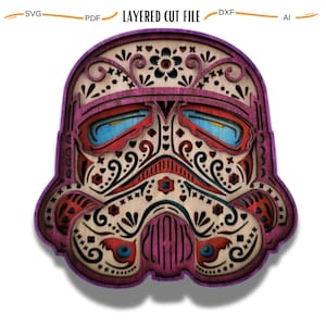 May include: A layered cut file design of a Star Wars Stormtrooper helmet with a Day of the Dead sugar skull design. The helmet is decorated with intricate floral patterns and swirls in red, white, and blue.
