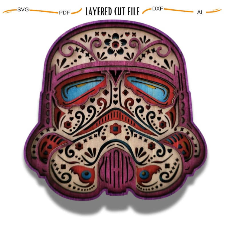 May include: A layered cut file design of a Star Wars Stormtrooper helmet with a Day of the Dead sugar skull design. The helmet is decorated with intricate floral patterns and swirls in red, white, and blue.