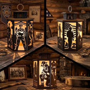 May include: Wooden lanterns with cut-out silhouettes of a police officer, a soldier with an American flag, and a firefighter. The lanterns are hexagonal and have a warm, glowing light inside, creating a silhouette effect. The lanterns are displayed on a wooden surface.