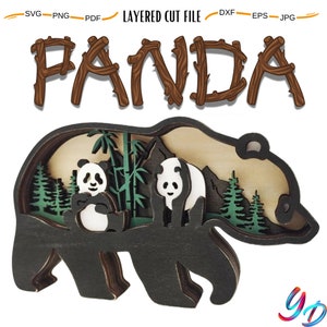 May include: Layered cut file design of a panda bear with bamboo and mountains in the background. The design is made up of multiple layers of wood that can be cut out and assembled to create a 3D effect. The word "PANDA" is written in brown wooden letters at the top of the design.