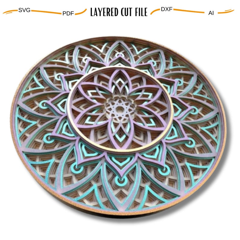 May include: A layered mandala design with intricate details, featuring a gradient of teal, purple, and gold colors. The mandala is cut from wood and has a circular shape.