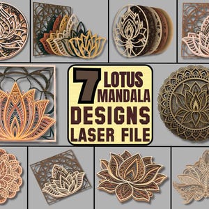 以下が含まれることがあります： レーザーカットされた蓮の花のマンダラデザイン7つ。デザインは茶色と金色の色合いで、細かな花柄が特徴です。