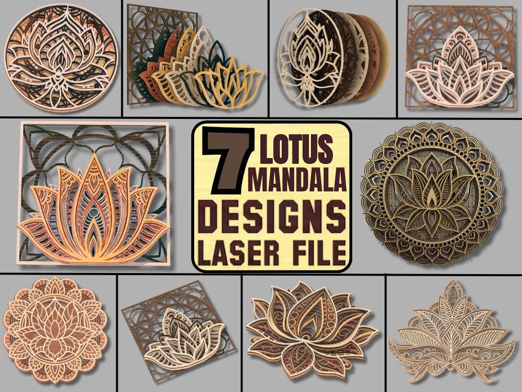 7x Lotus Flower Mandala Bundle 3D Multilayer Wooden Engraved Laser Cut File, Decoration Ornament Glowforge Make, Svg Dxf Ai Download File