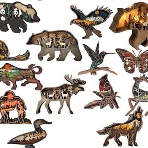 BEST SELLER 14 pezzi di animali selvatici multistrato 3D in legno inciso e tagliato al laser, decorazione ornamentale Glowforge SVG DXF EPS Jpg PDF PNG