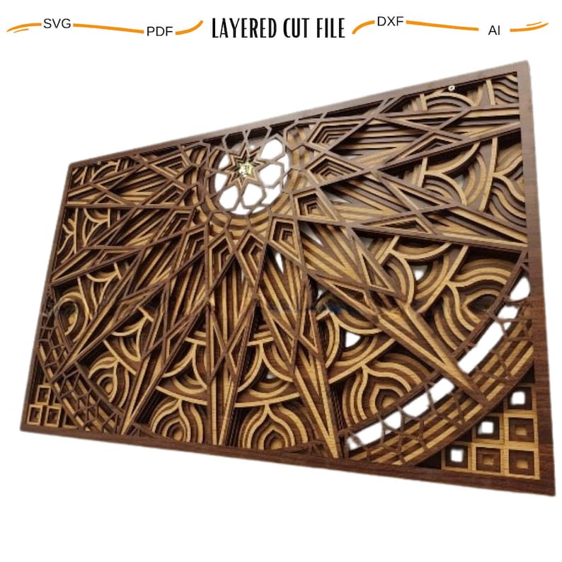 May include: A layered wooden wall art piece with a geometric design in shades of brown. The design features a central starburst with intricate details and a circular pattern.