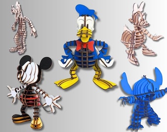 May include: Five wooden Disney character figurines, including Mickey Mouse, Donald Duck, Stitch, and two others. The figurines are all in different poses and are painted in their signature colours.