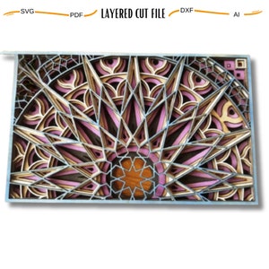 May include: A layered cut file design featuring a geometric mandala with a starburst pattern in shades of brown, pink, and blue. The design is intricate and detailed, with multiple layers of cutouts.