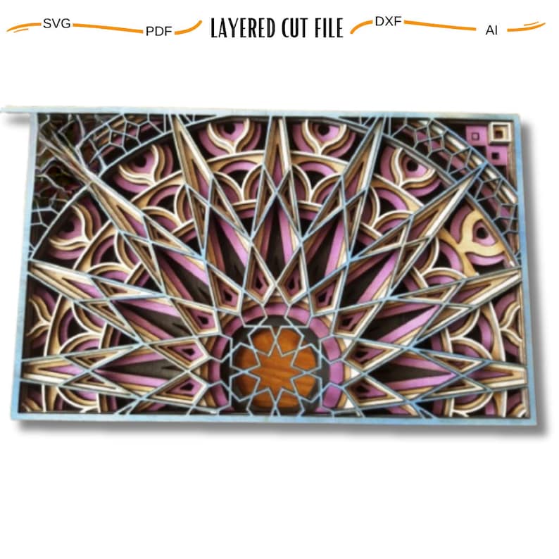 May include: A layered cut file design featuring a geometric mandala with a starburst pattern in shades of brown, pink, and blue. The design is intricate and detailed, with multiple layers of cutouts.