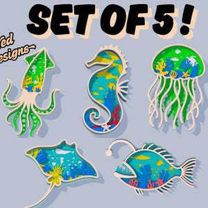 Set Of 5 Ocean Wild Animals Bundle Multilayer 3D Wooden Laser Cut File, Sea Ocean Ornament Glowforge Cricut Svg Dxf Eps Jpg Pdf Png File