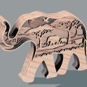 May include: Wooden elephant sculpture with a layered design. The sculpture features a savanna scene with trees, animals, and a bird. The elephant is light brown with black accents, and the background is visible through cut-out details.