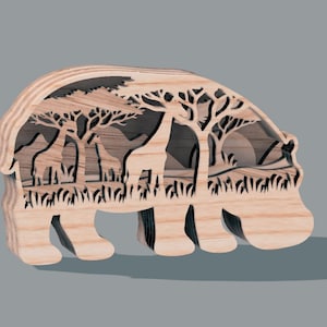 Arquivo de madeira cortado a laser para animais de safári multicamadas 3D Hipopótamo, enfeite de decoração de animais selvagens da floresta Glowforge Svg Dxf Xtool Arquivo de corte a laser