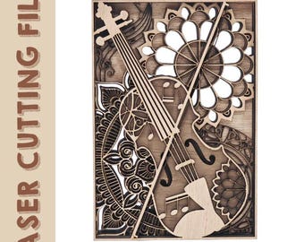 6 Layer Mandala Violin 3D Multilayer Wooden Wall Art Engraved Laser Cut File, Decoration Ornament Glowforge Make, Svg Dxf Ai Download File