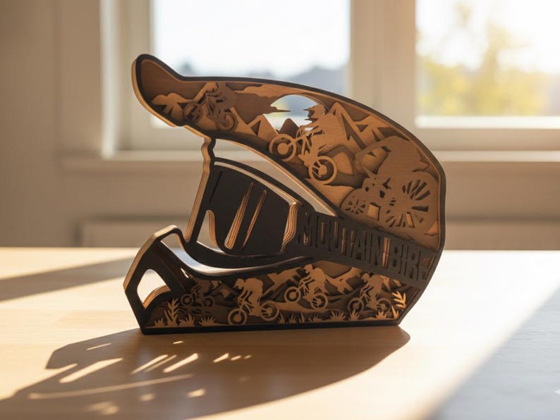 May include: A wooden sculpture of a mountain bike helmet. The helmet is brown and black, with the words "MOUNTAIN BIKE" on the side. The design features mountain bikers and mountain scenery.