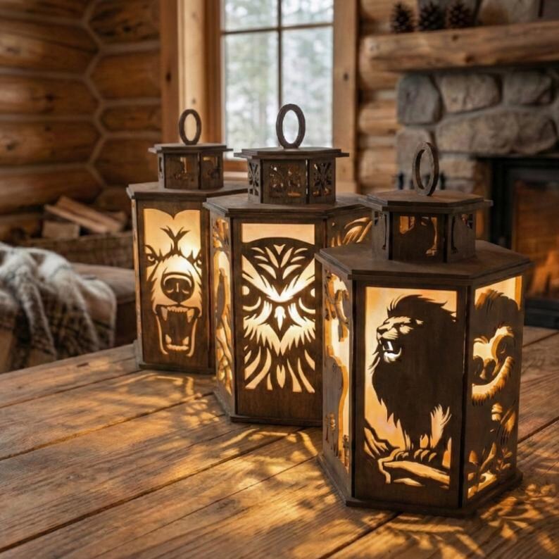 May include: Wooden lanterns with animal silhouettes, including a bear, owl, and lion. The lanterns are illuminated, showcasing the intricate cut-out designs. The lanterns have a rustic, cabin-like aesthetic, perfect for home decor.