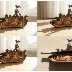 May include: A wooden tank model with intricate cut-out details. The model features soldiers, a flag, and a detailed interior scene. The tank is brown with black accents and is displayed on a light-colored surface.