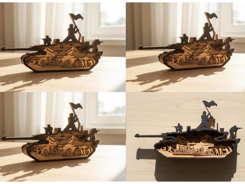 May include: A wooden tank model with intricate cut-out details. The model features soldiers, a flag, and a detailed interior scene. The tank is brown with black accents and is displayed on a light-colored surface.