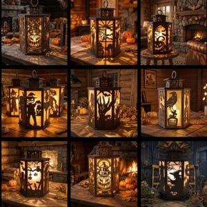 May include: A selection of Halloween lanterns with detailed cut-out patterns. Each lantern showcases a different silhouette, such as jack-o'-lanterns, witches, and eerie scenes. The lanterns are crafted from dark metal and are lit from the inside, producing a warm, welcoming light.