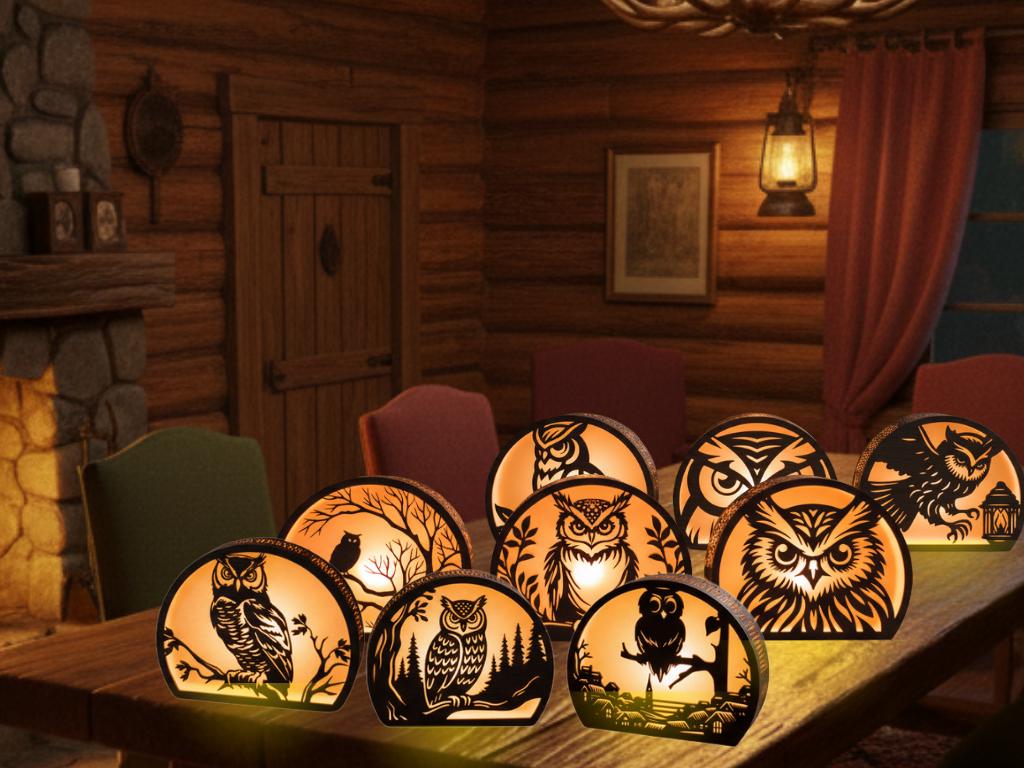 9x Pack 3D Owl Wood Lantern Bundle Wild Life Cut File, Tealight Candle Holder Night Lamp Glowforge A