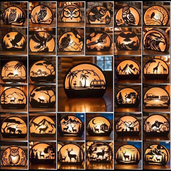 54-delige set 3D houten lantaarns met dierenmotieven, theelichthouder nachtlampje Glowforge set, Silhouette lichtbak Xtool bestand