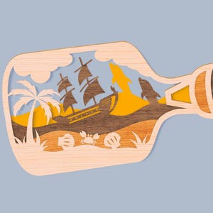 File di taglio laser inciso a forma di nave in legno multistrato con bottiglia di mare in 3D, decorazione ornamentale Glowforge SVG DXF EPS PNG Xtool.