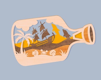 Fichier découpé au laser 3D gravé en bois multicouche de bouteille de mer de l'océan de bateau, fichier de découpe laser de Glowforge Svg Dxf Eps Png Xtool d'ornement de décoration