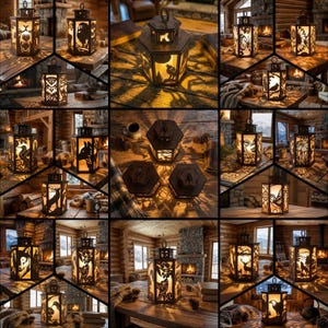 Op de afbeelding: Een verzameling decoratieve lantaarns met ingewikkelde uitgesneden ontwerpen. Elke lantaarn heeft een uniek silhouet van dieren en natuurtaferelen, waaronder beren, wolven en vogels. De lantaarns zijn gemaakt van donker metaal en worden van binnenuit verlicht, waardoor een warme, uitnodigende gloed ontstaat.