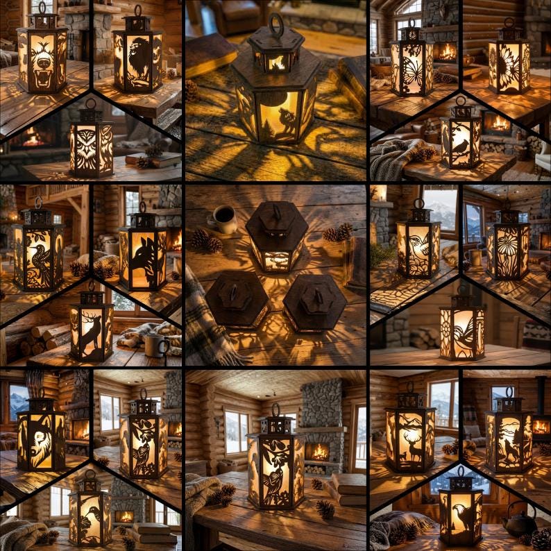 May include: A collection of decorative lanterns with intricate cut-out designs. Each lantern features a unique silhouette of animals and nature scenes, including bears, wolves, and birds. The lanterns are made of dark metal and are illuminated from within, creating a warm, inviting glow.
