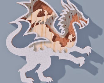 Dragon et chevalier 3D en bois gravé multicouche découpé au laser, décoration fantaisie ornement Glowforge, fichier Svg Dxf Pdf à téléchargement immédiat