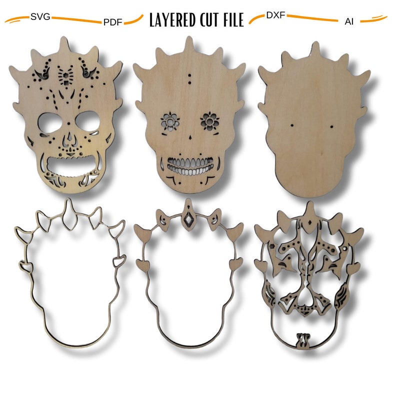 May include: Layered cut file for a sugar skull design. The file includes six different layers, including a detailed skull with intricate designs, a skull with simple floral details, a blank skull, and three outline layers for different parts of the skull.