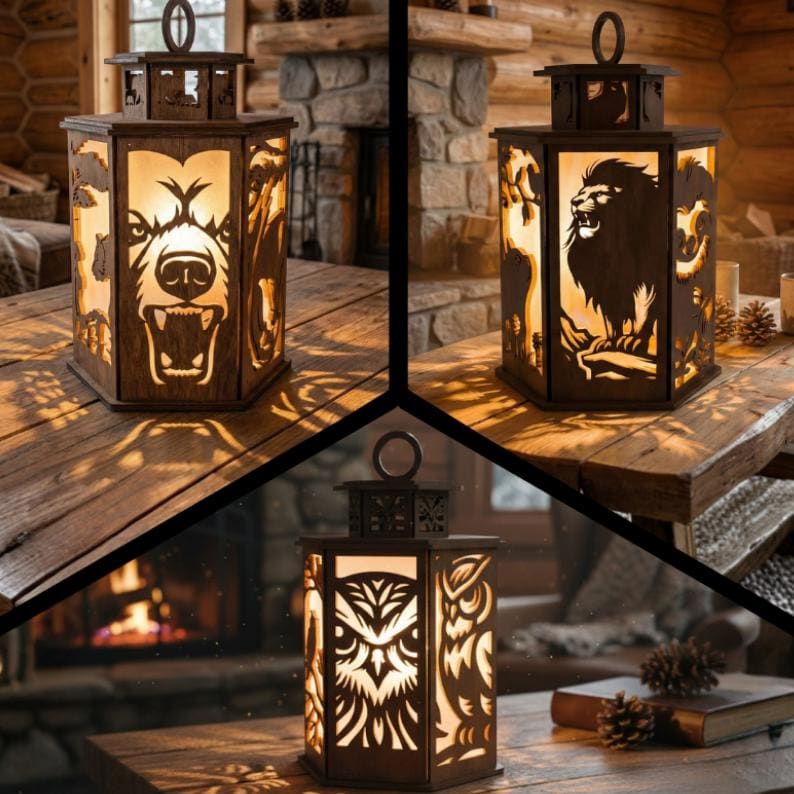 May include: Wooden lanterns with animal silhouettes. The lanterns feature a bear, lion, and owl design. Each lantern has a handle at the top and is illuminated from within, casting intricate shadows. The lanterns are placed on a wooden table.