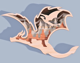 Fichier de coupe laser 3D en bois gravé multicouche de feu de dragon, ornement de décoration fantaisie Glowforge, fichier de téléchargement instantané Svg Dxf Ai Pdf