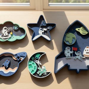 May include: A set of layered wooden space-themed decorations. The collection includes a cloud, star, rocket, planet, and crescent moon, each with astronauts, planets, and rockets in blue, green, and white.