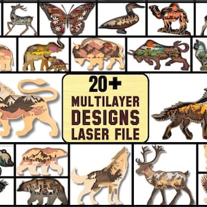 20+ NEW Bundle 3D Animals Multilayer Wooden Engraved Laser Cut File, Decoration Ornament Glowforge Make, Svg Dxf Eps Pdf Xtool Cutting File