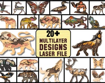 May include: A collection of 20+ multilayer laser cut designs featuring animals, butterflies, and landscapes. The designs are intricate and detailed, perfect for creating unique crafts and home decor.
