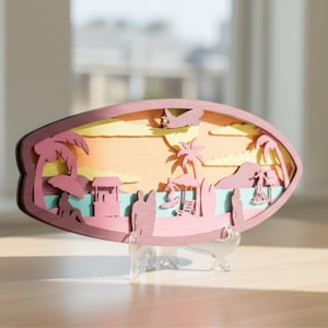 Surfbräda strand lager 3D trä laserskuren fil, laser flerskiktad tropisk tema skär Glowforge, Silhouette Xtool nedladdning Dxf Svg-fil