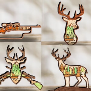 Paquete de 4 rifles de caza de madera multicapa 3D, archivo de corte láser grabado con ciervo, adorno decorativo Glowforge Svg Dxf Eps Jpg Pdf Png Xtool File