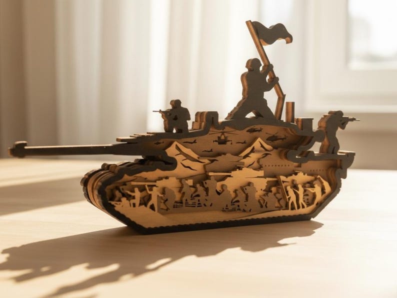May include: A wooden tank model with intricate cut-out details. The model features soldiers, a flag, and a detailed interior. The tank is made of light brown wood with dark brown accents, and is displayed on a wooden surface.