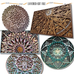 May include: Five layered cut files for laser cutting. The designs are intricate and feature a variety of geometric patterns. The files are available in SVG, PDF, DXF, and AI formats.