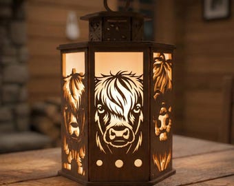 Highland Cow Lantern Cut Files, Laser Cut Tea Light Candle Holder Template, SVG DXF Digital File