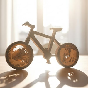 Könnte beinhalten: Ein braunes Holzfahrradmodell mit aufwendigen Ausschnitten auf den Rädern, die Offroad-Szenen darstellen. Das Fahrrad steht auf einer Holzoberfläche und wirft einen Schatten.