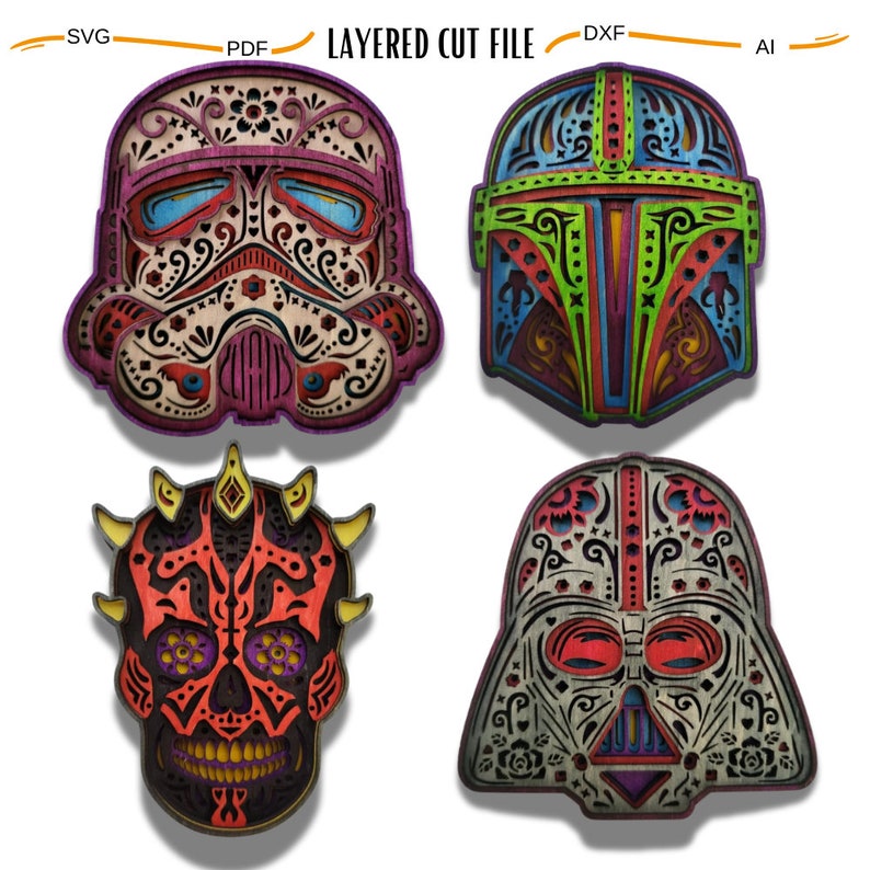 May include: Four colorful, intricately designed, layered cut files of popular Star Wars characters. The characters are Darth Vader, Boba Fett, Stormtrooper, and Darth Maul. The designs are in a Day of the Dead style with intricate floral patterns.