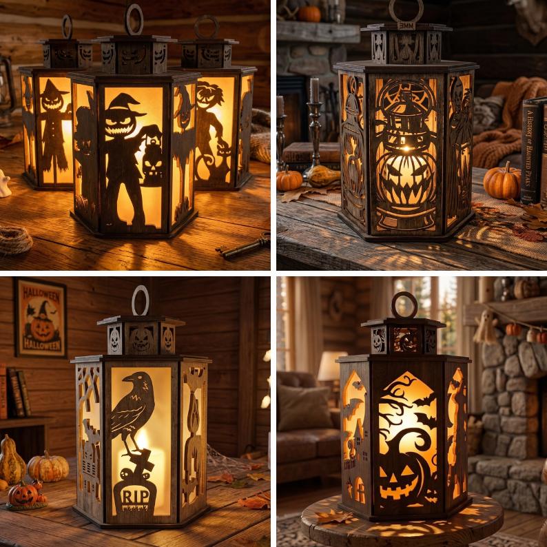 8 Pcs Bundle Halloween Lantern Machine File, Wood Tealight - Candle ...