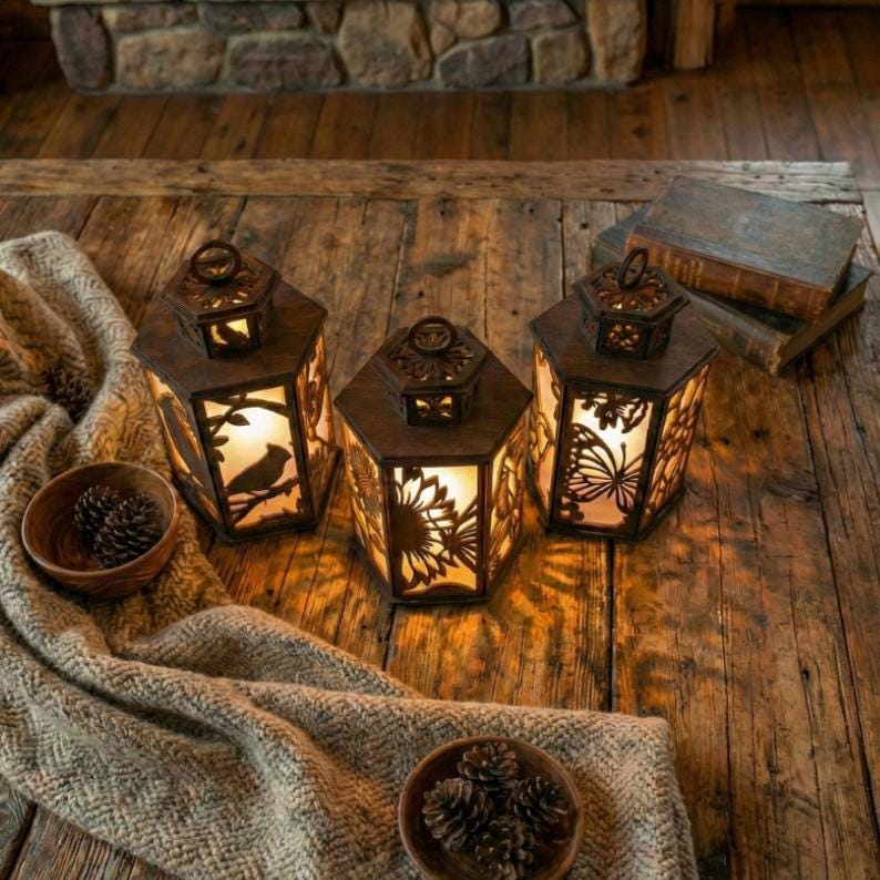 May include: Three decorative wooden lanterns with intricate cut-out designs of a bird, sunflower, and butterfly. The lanterns are lit from within, casting a warm glow. They sit on a rustic wooden table with a cozy blanket and bowls of pinecones.
